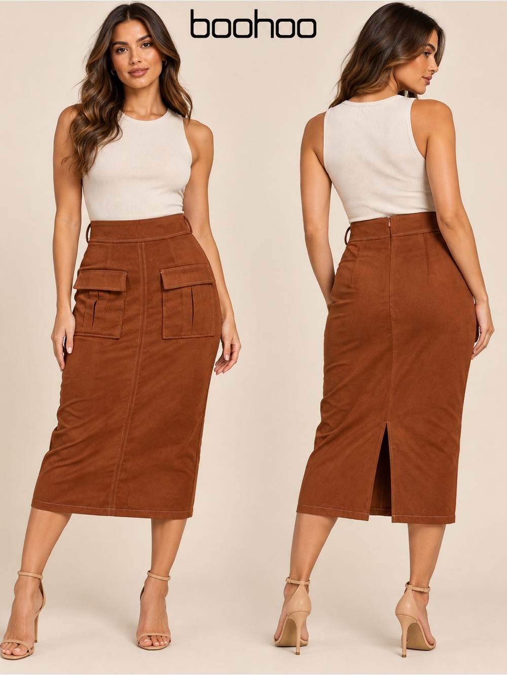 Boohoo Rust Brown Cargo Pocket Midi Pencil Skirt Size 6